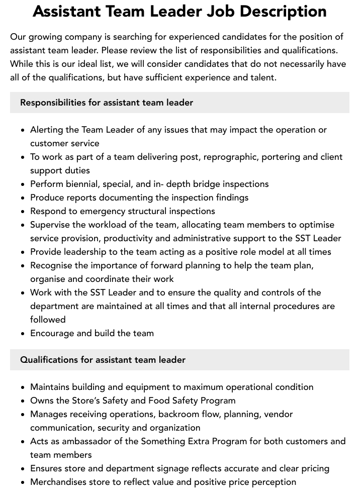 Assistant Team Leader Job Description Velvet Jobs