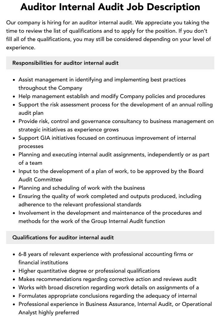 Internal Audit Head Job Description