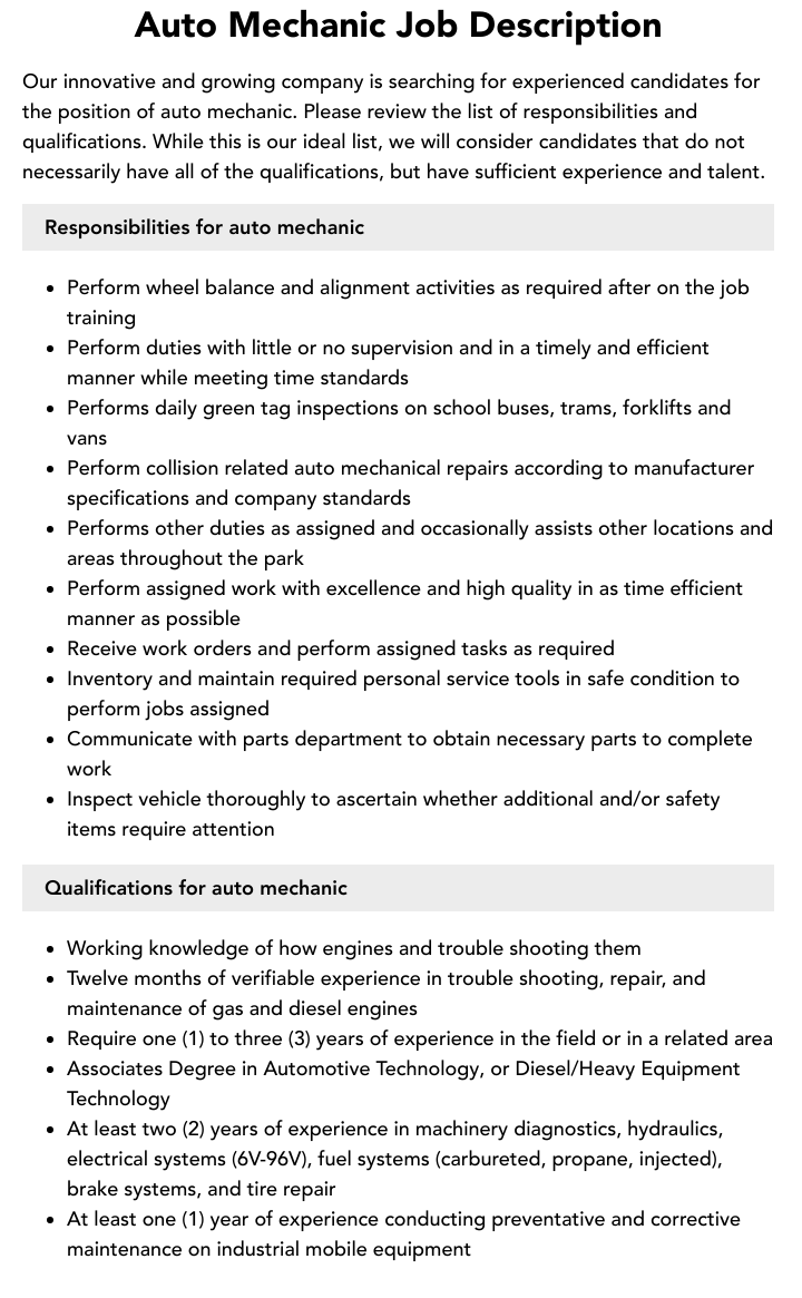 Auto Mechanic Job Description Velvet Jobs
