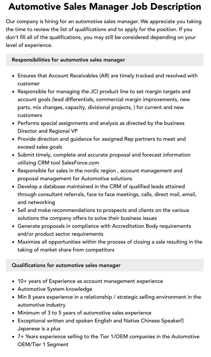 Automotive Sales Manager Job Description Velvet Jobs