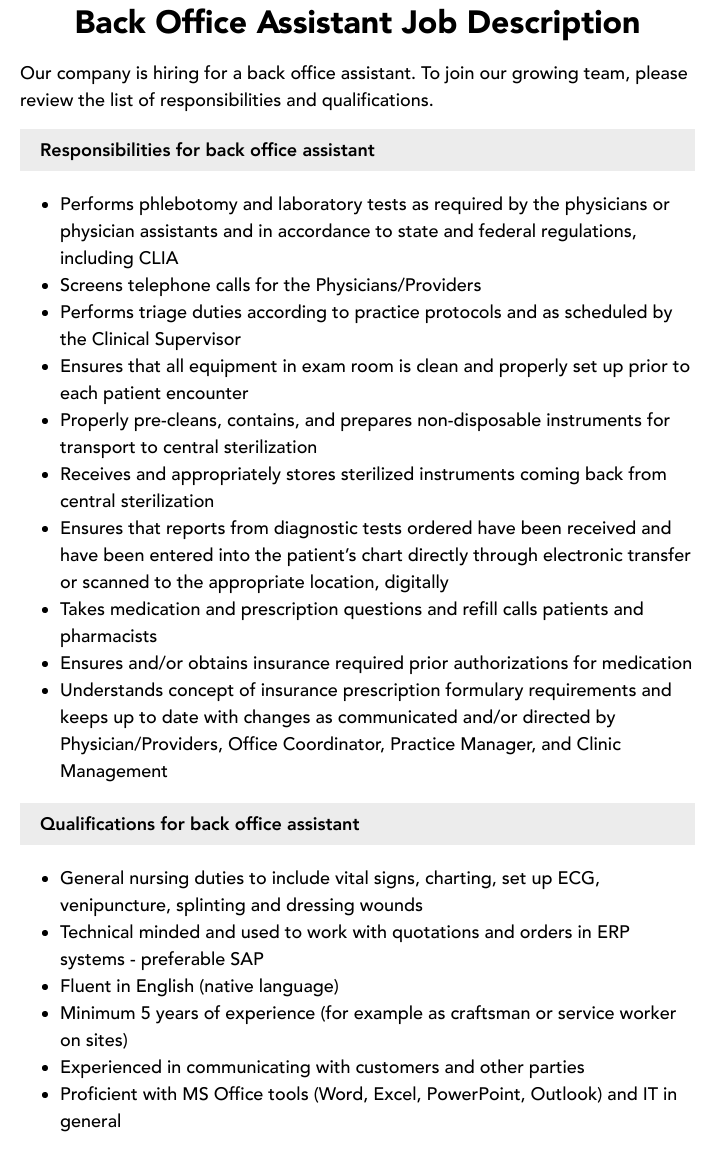 Back Office Assistant Job Description Velvet Jobs