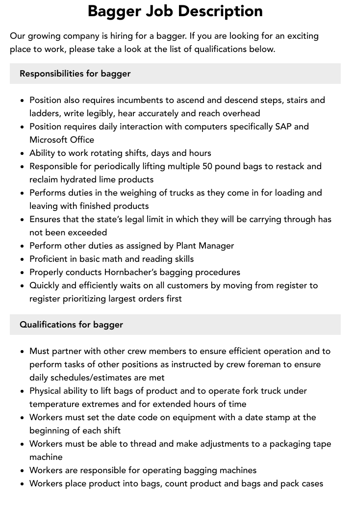 Bagger Job Description Velvet Jobs