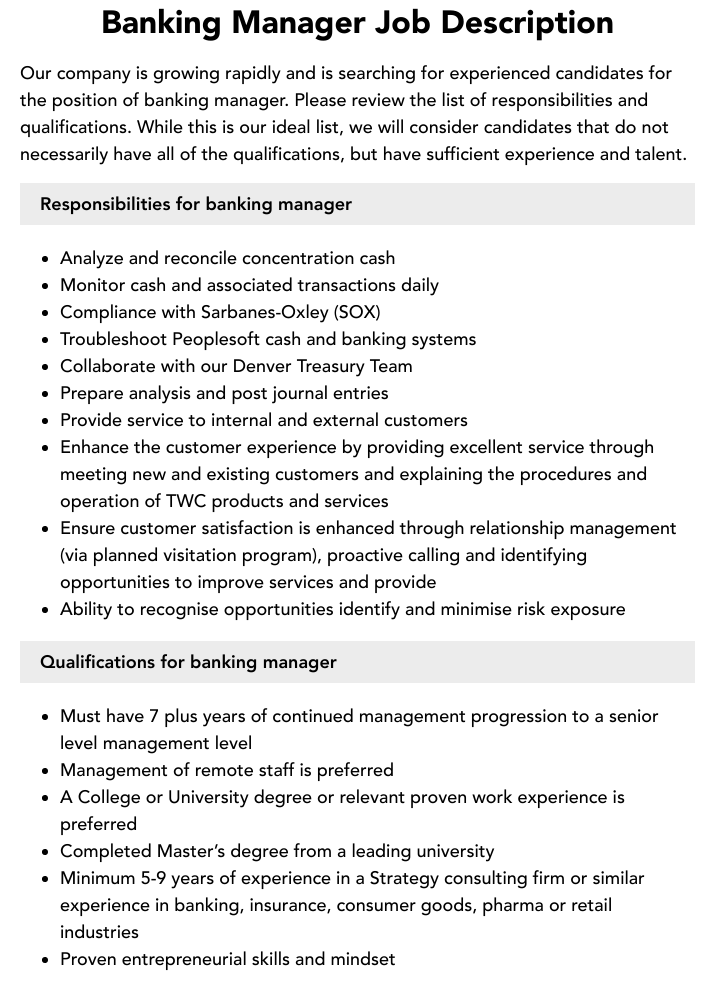 Banking Manager Job Description Velvet Jobs