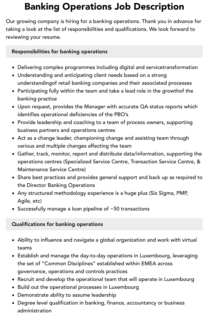 Banking Operations Job Description Velvet Jobs