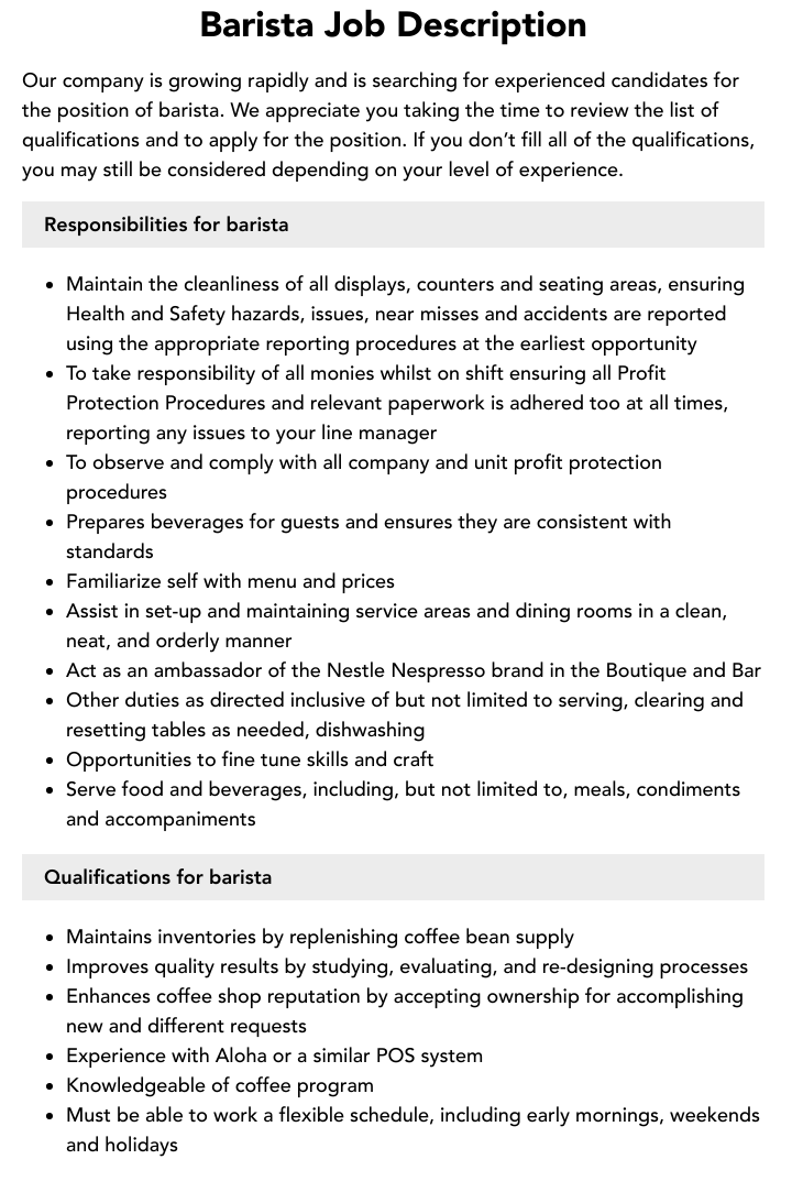 Barista Job Description Velvet Jobs