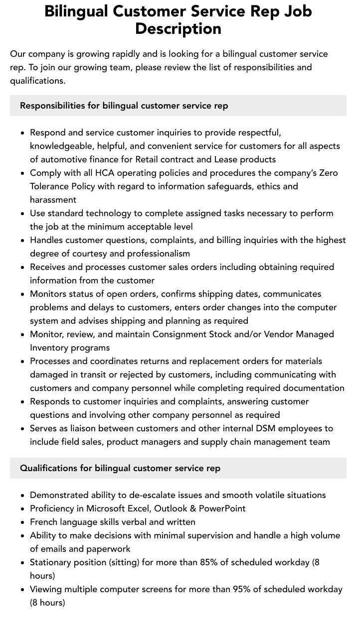 Bilingual Customer Service Rep Job Description Velvet Jobs