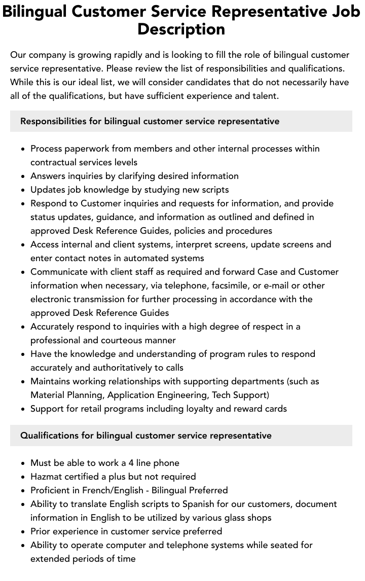 Bilingual Customer Service Representative Job Description Velvet Jobs