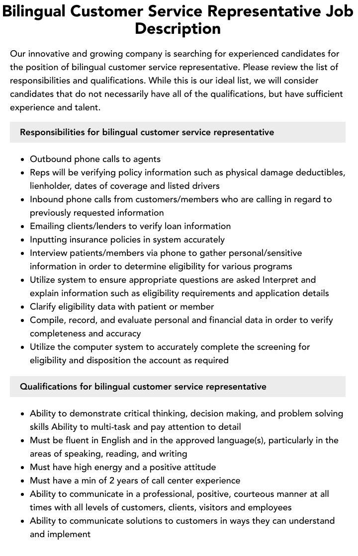 Bilingual Customer Service Representative Job Description Velvet Jobs Bilingual Customer Service Representative Job Description Velvet Jobs