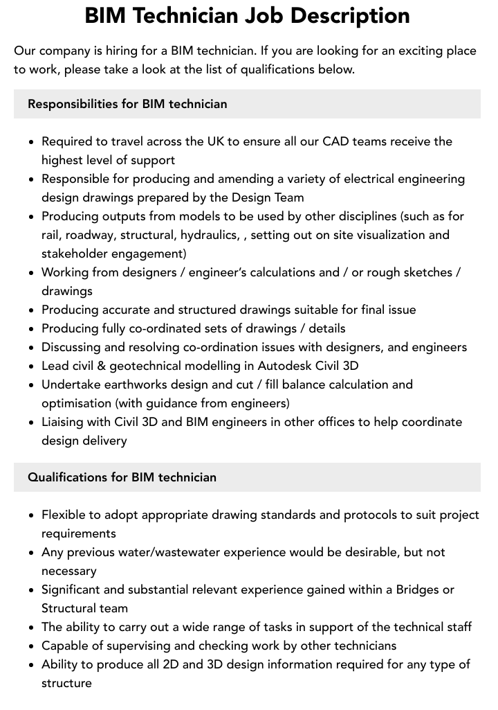 BIM Technician Job Description Velvet Jobs