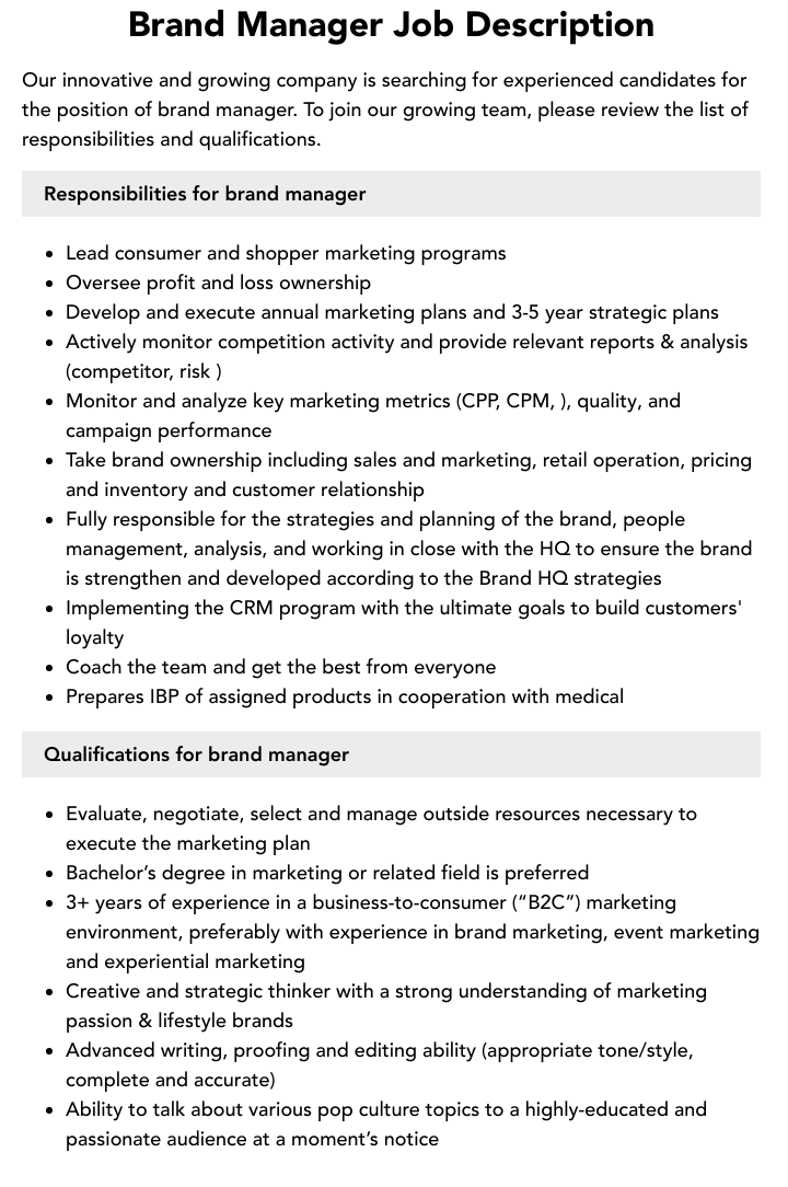 Junior Brand Manager Job Description