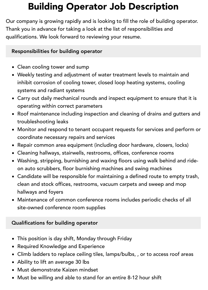 Building Operator Job Description | Velvet Jobs