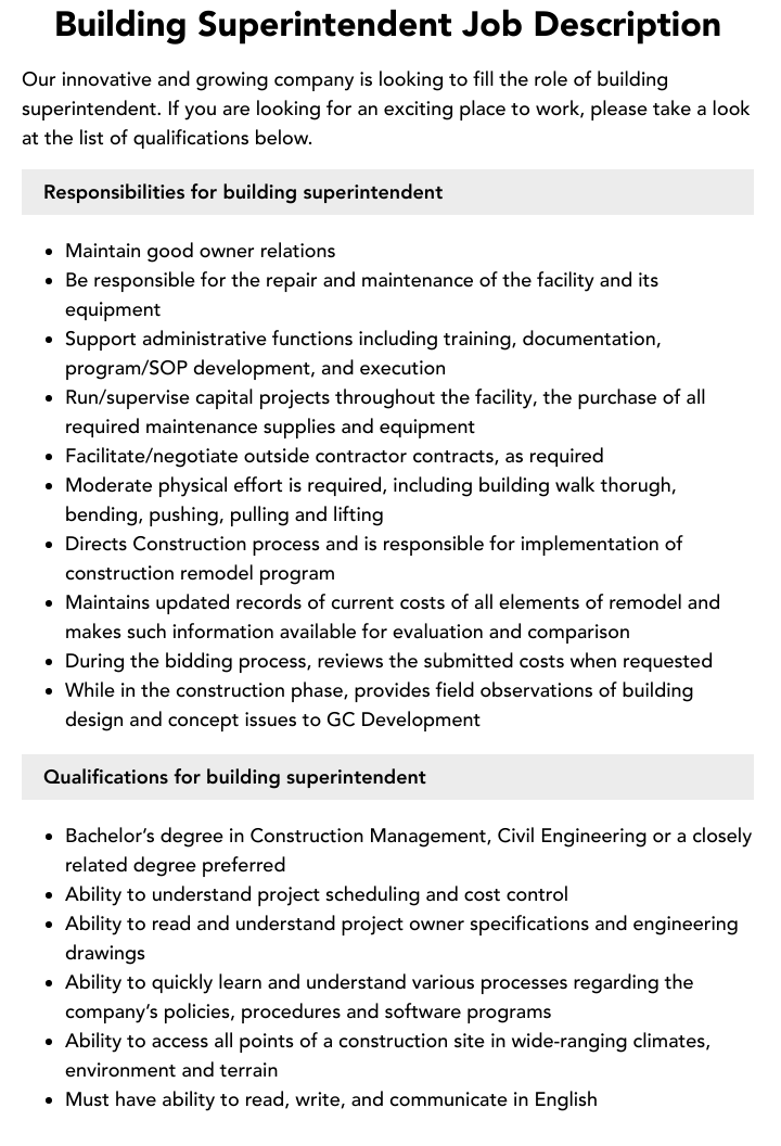 Mechanical Superintendent Job Description