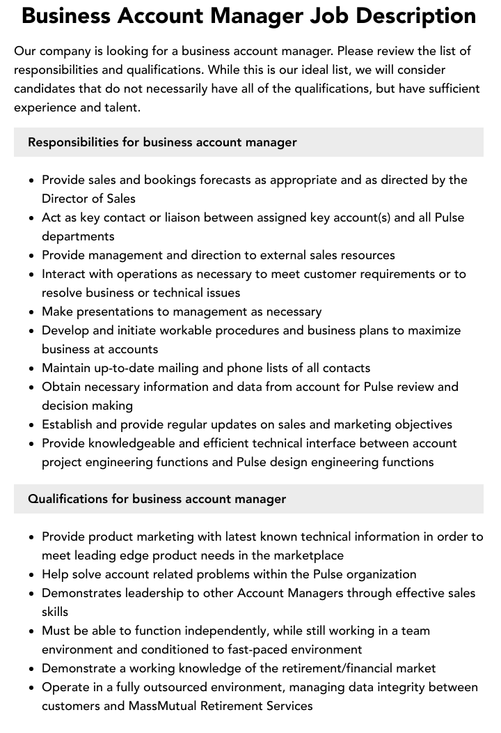 Business Account Manager Job Description Velvet Jobs