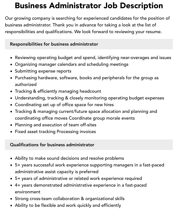 business administrator job description education