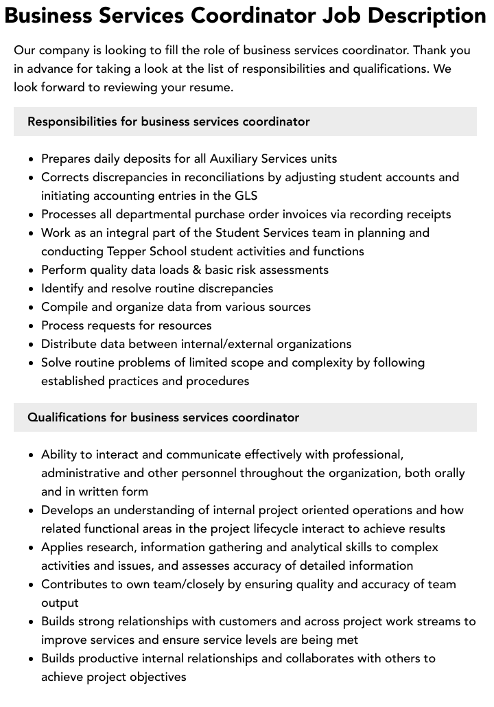 Business Services Coordinator Job Description Velvet Jobs