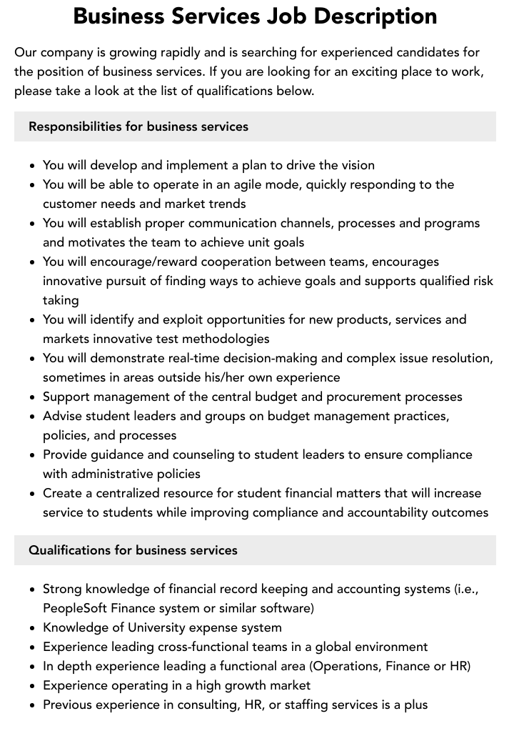Business Services Job Description Velvet Jobs