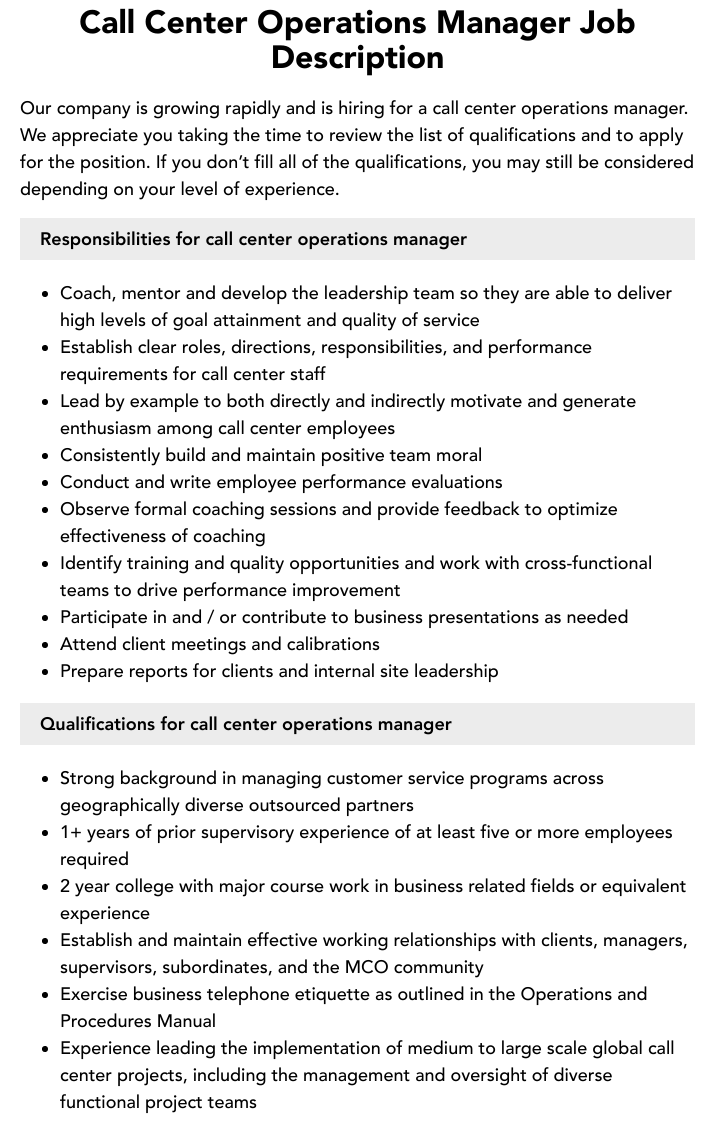 Call Center Operations Manager Job Description