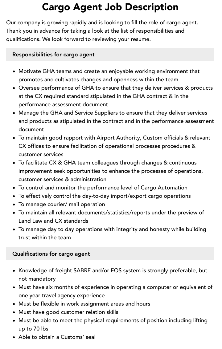 Cargo Agent Job Description Velvet Jobs