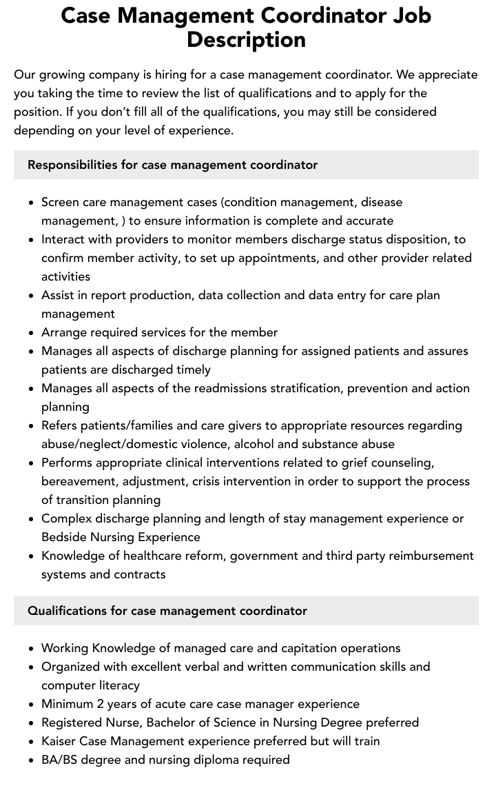 Case Management Coordinator Job Description Velvet Jobs