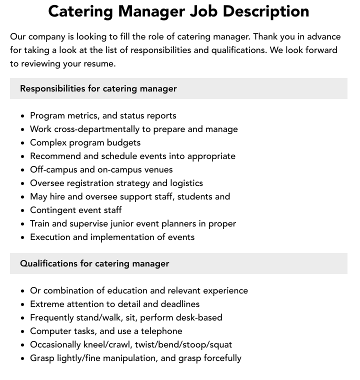 Hotel Catering Manager Job Description