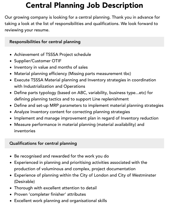 Central Planning Job Description Velvet Jobs Central Planning Job Description Velvet Jobs