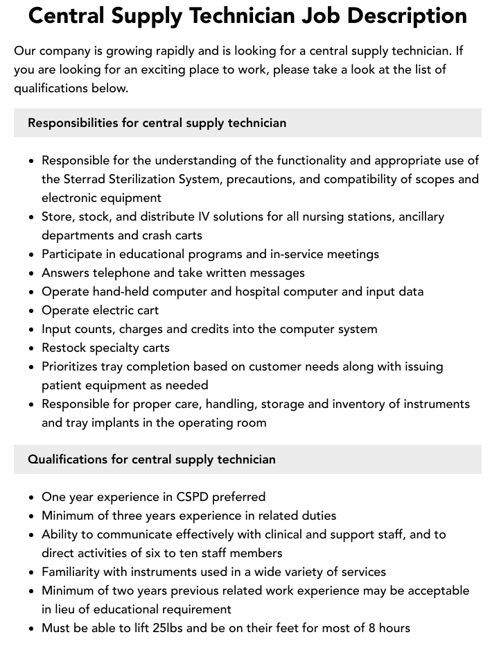 Central Supply Technician Job Description Velvet Jobs