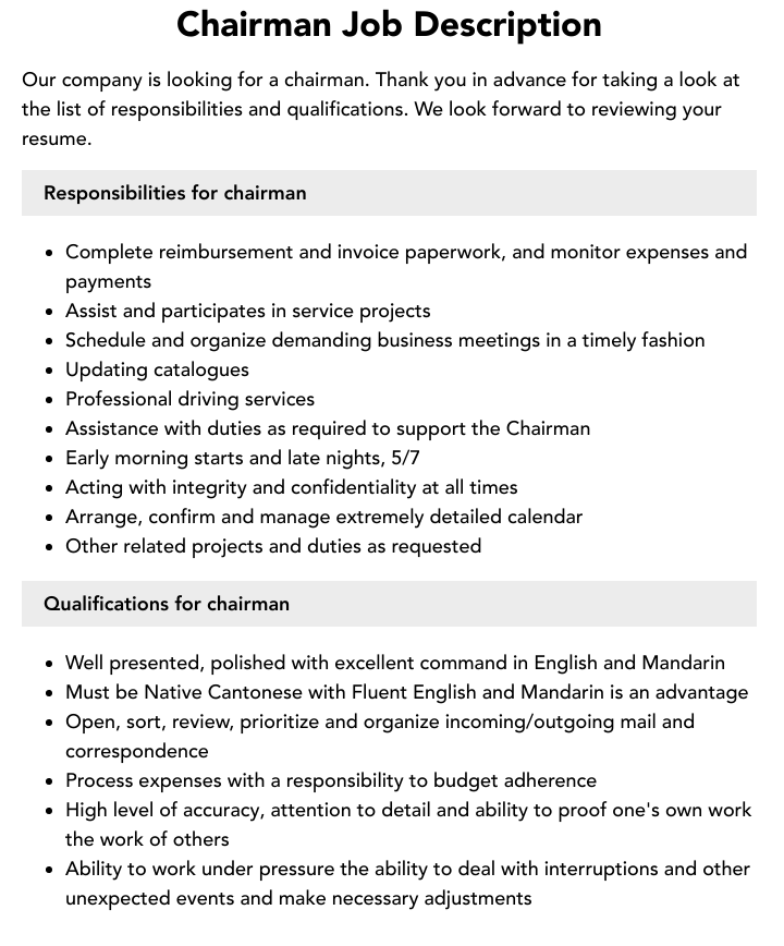 Chairman Job Description Velvet Jobs