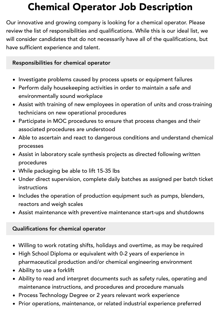 Chemical Operator Job Description Velvet Jobs