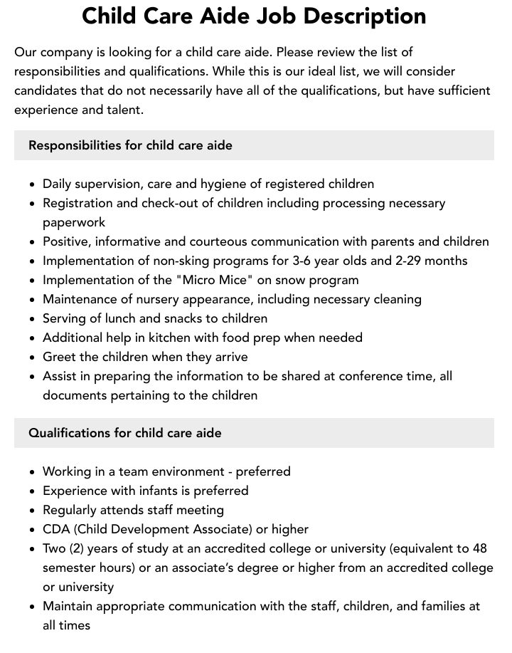 Child Care Aide Job Description Velvet Jobs Child Care Aide Job Description Velvet Jobs