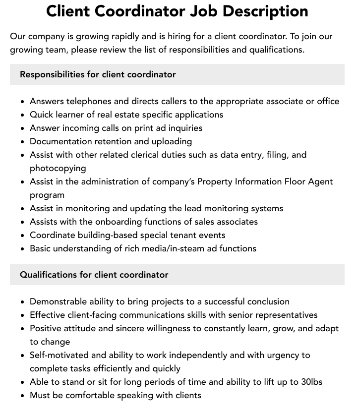 Client Coordinator Job Description Velvet Jobs