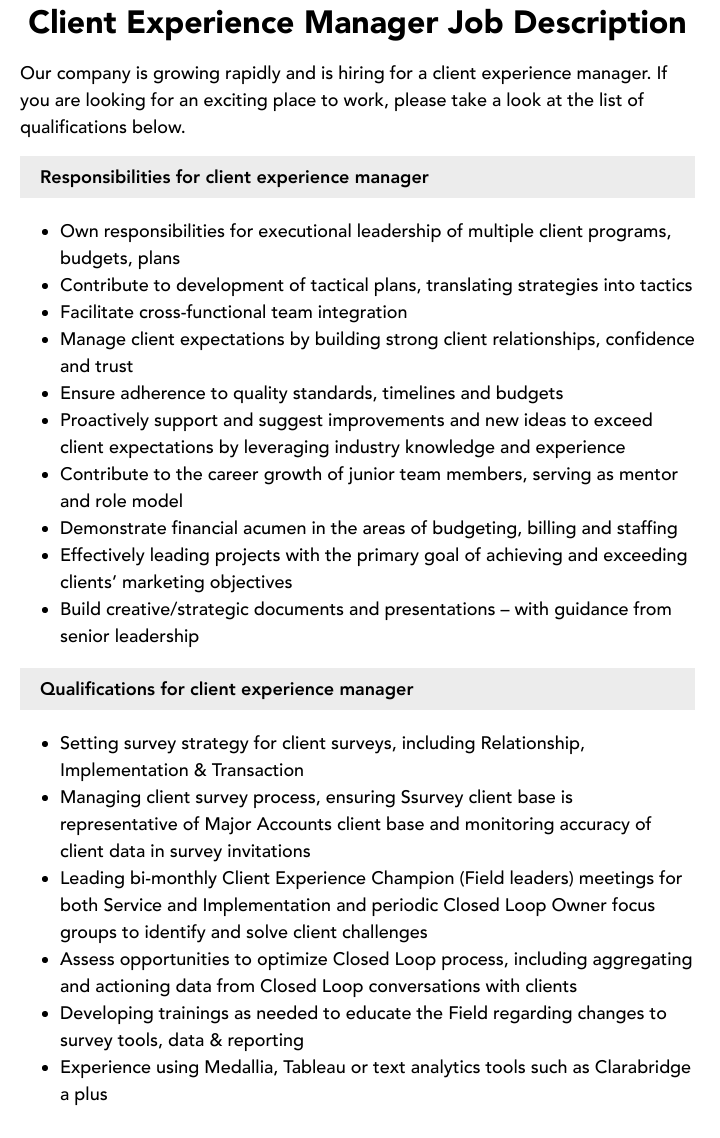  Client Experience Manager Job Description Velvet Jobs