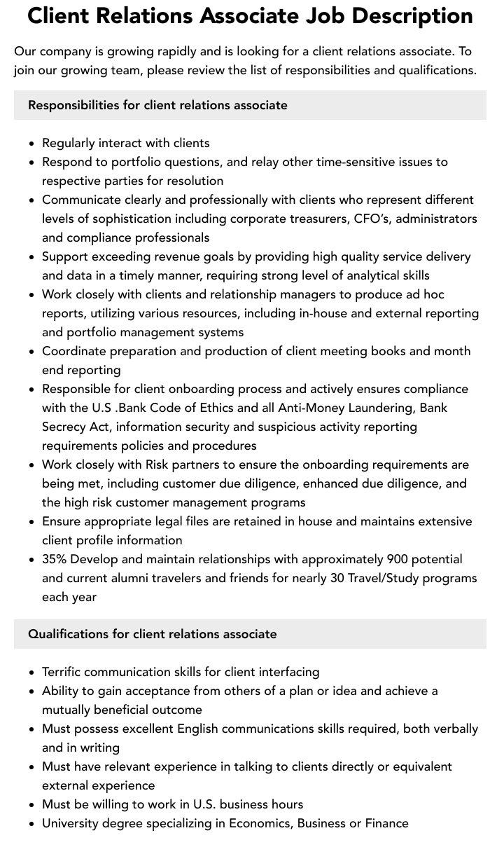 Client Relations Associate Job Description Velvet Jobs