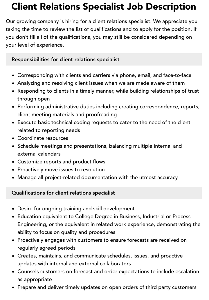 Client Relations Specialist Job Description Velvet Jobs Client Relations Specialist Job Description Velvet Jobs