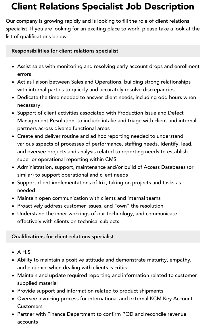 Client Relations Specialist Job Description Velvet Jobs Client Relations Specialist Job Description Velvet Jobs