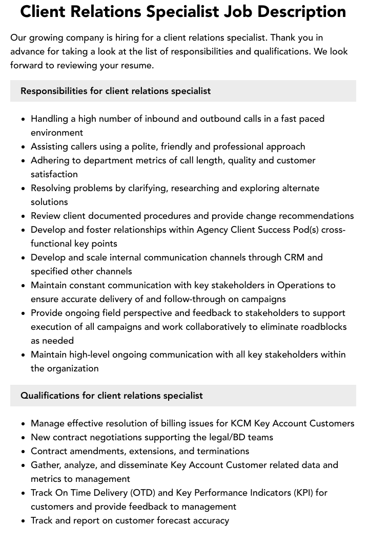 Client Relations Specialist Job Description Velvet Jobs Client Relations Specialist Job Description Velvet Jobs