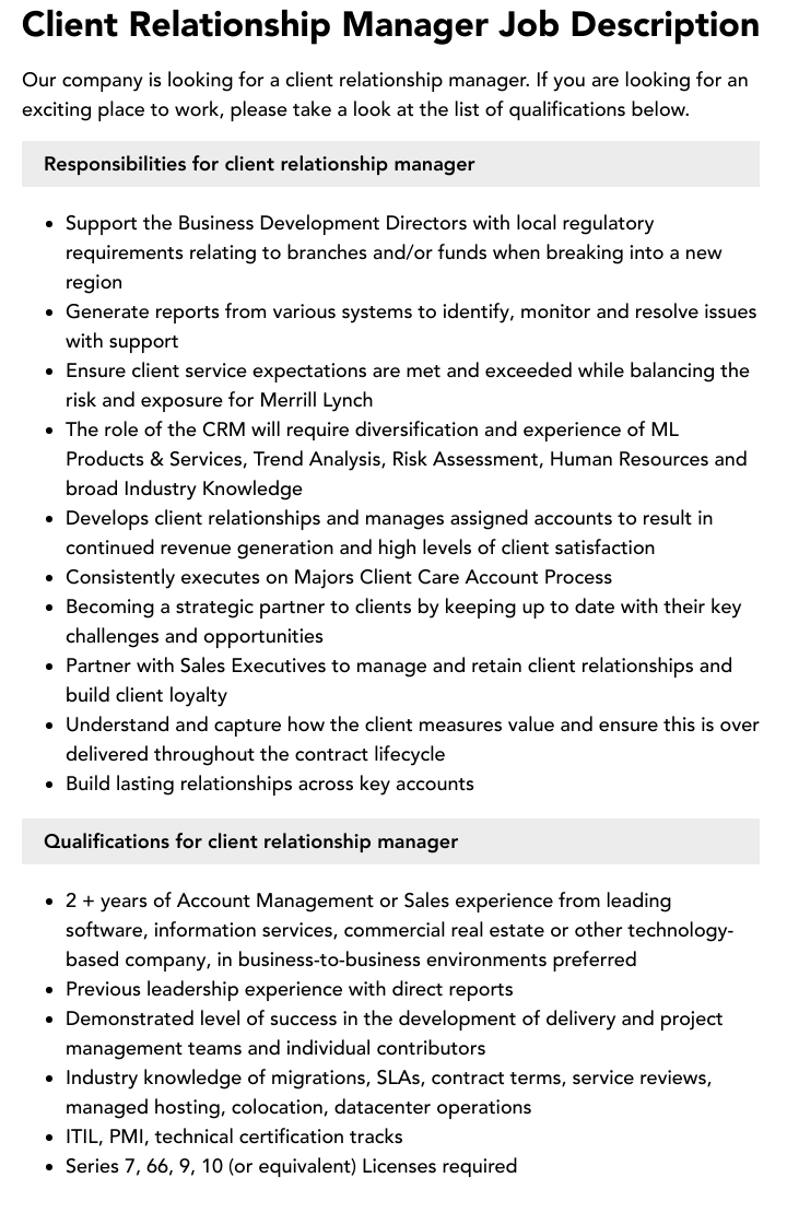  Client Relationship Manager Job Description Velvet Jobs