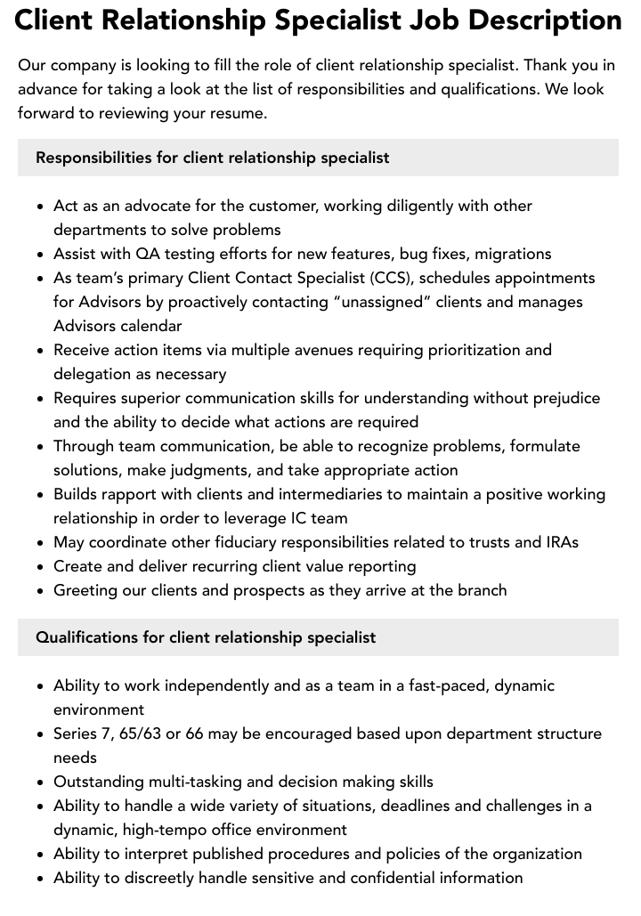 Client Relationship Specialist Job Description Velvet Jobs Client Relationship Specialist Job Description Velvet Jobs