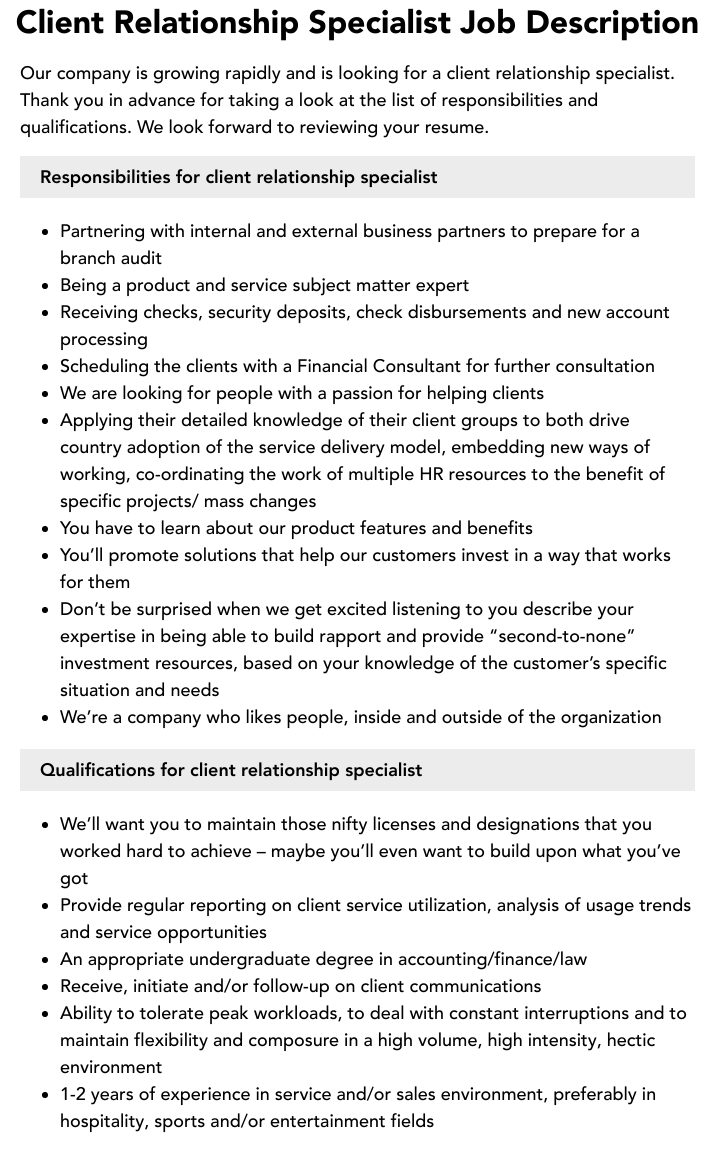 Client Relationship Specialist Job Description Velvet Jobs Client Relationship Specialist Job Description Velvet Jobs