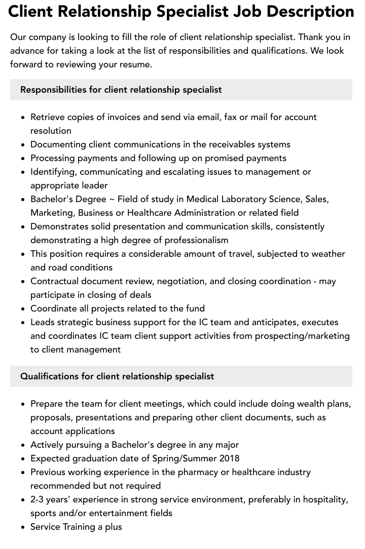 Client Relationship Specialist Job Description Velvet Jobs Client Relationship Specialist Job Description Velvet Jobs