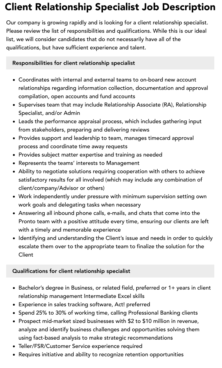 Client Relationship Specialist Job Description Velvet Jobs Client Relationship Specialist Job Description Velvet Jobs