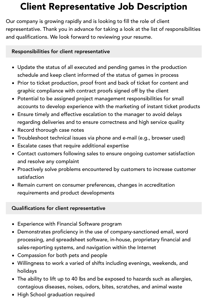 Client Representative Job Description Velvet Jobs Client Representative Job Description Velvet Jobs