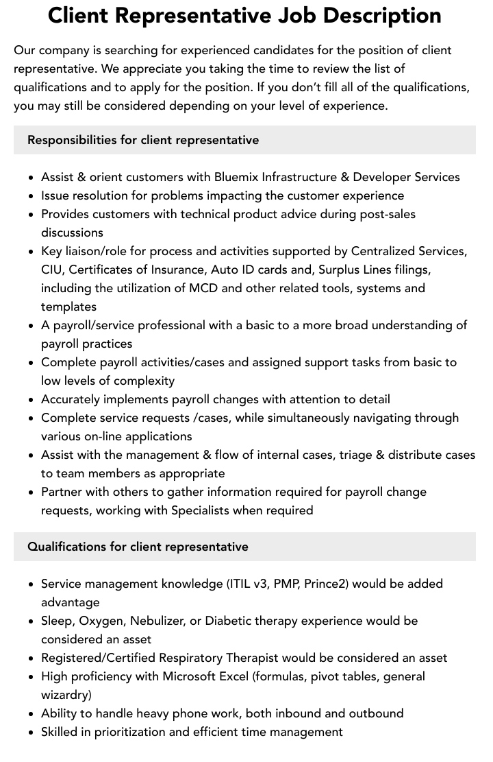 Client Representative Job Description Velvet Jobs Client Representative Job Description Velvet Jobs