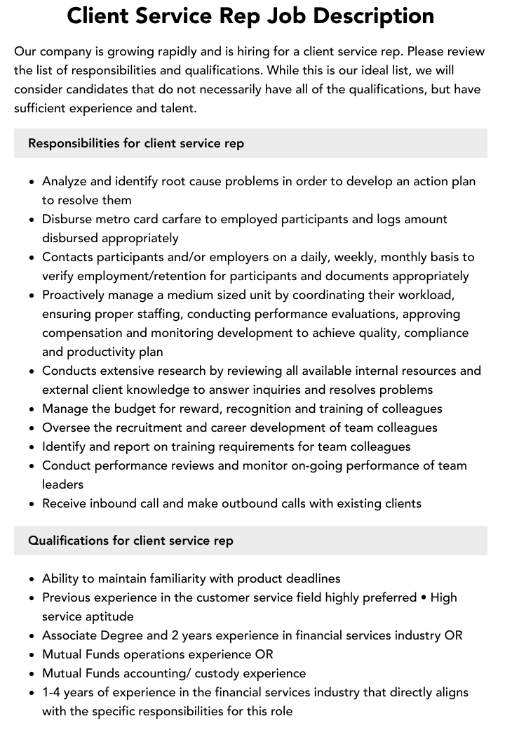 Client Service Rep Job Description Velvet Jobs Client Service Rep Job Description Velvet Jobs