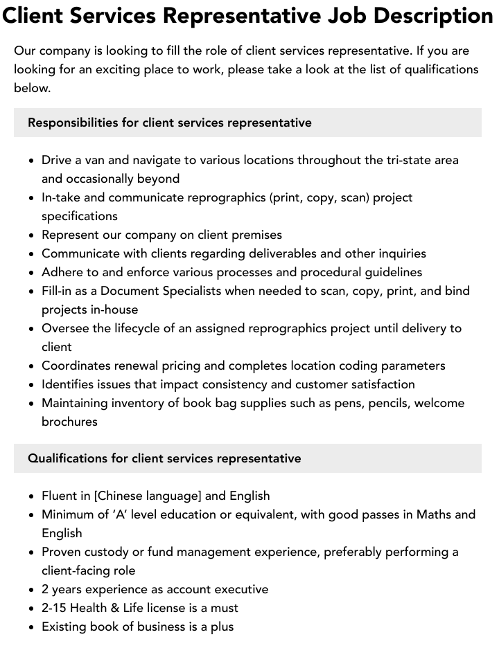 Client Services Representative Job Description Velvet Jobs Client Services Representative Job Description Velvet Jobs