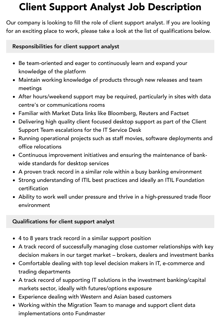 Client Support Analyst Job Description Velvet Jobs Client Support Analyst Job Description Velvet Jobs