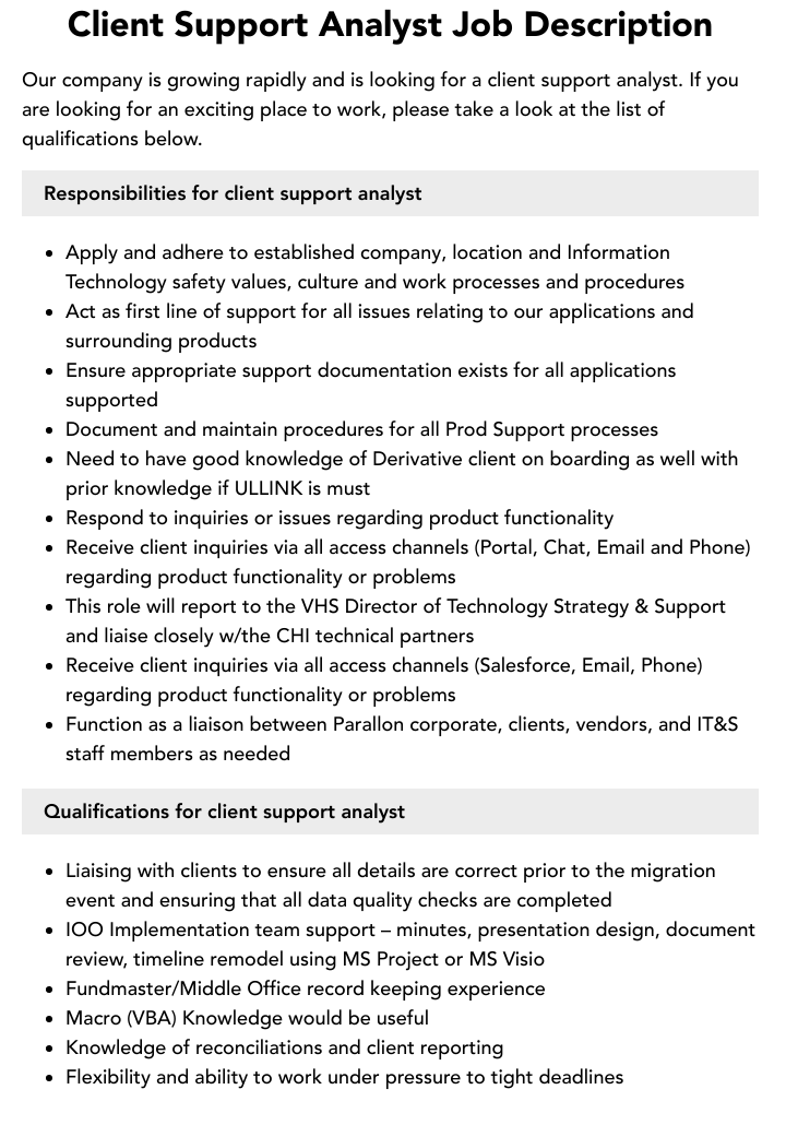 Client Support Analyst Job Description Velvet Jobs Client Support Analyst Job Description Velvet Jobs