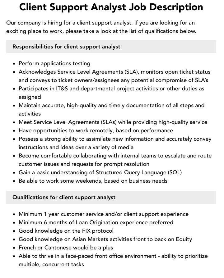 Client Support Analyst Job Description Velvet Jobs Client Support Analyst Job Description Velvet Jobs