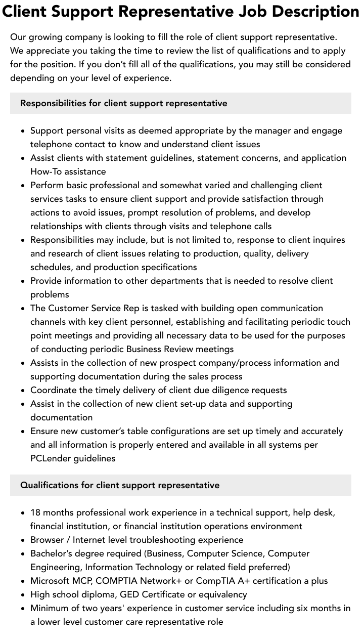 Client Support Representative Job Description Velvet Jobs Client Support Representative Job Description Velvet Jobs