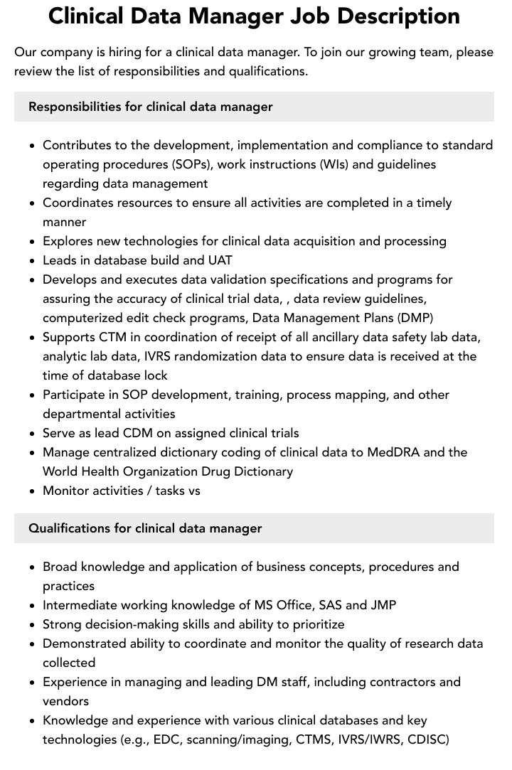 Clinical Data Manager Job Description Velvet Jobs