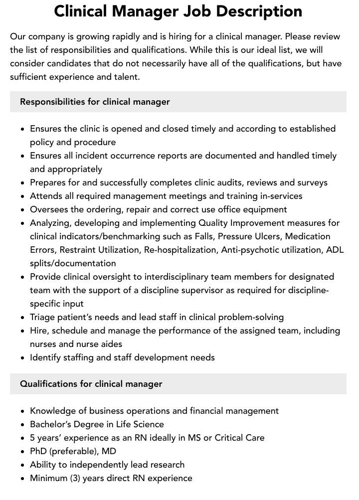 Clinical Manager Job Description Velvet Jobs